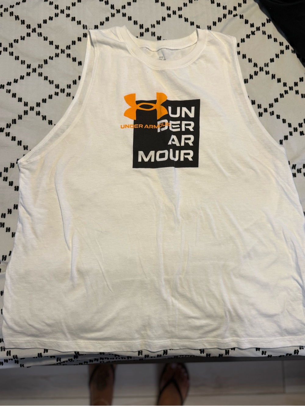 Under Armour White Muscle Tank with Orange & Black Logo